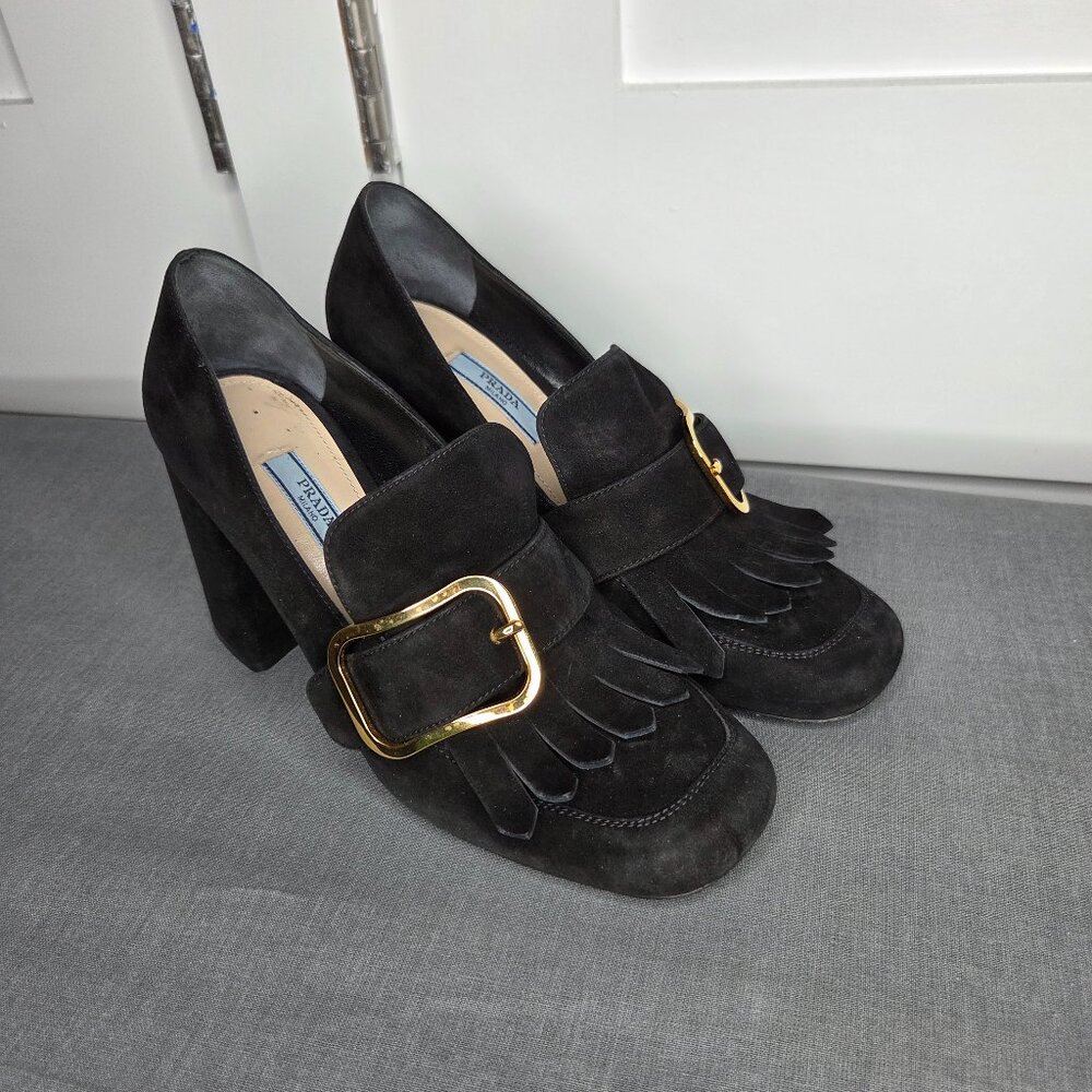 Women's Prada Black Suede Madras Fringe Buckle Slip-On with COA - EU Size 38.5